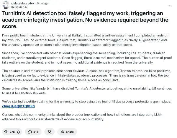 Reddit post about student falsely accused of AI usage by Turnitin